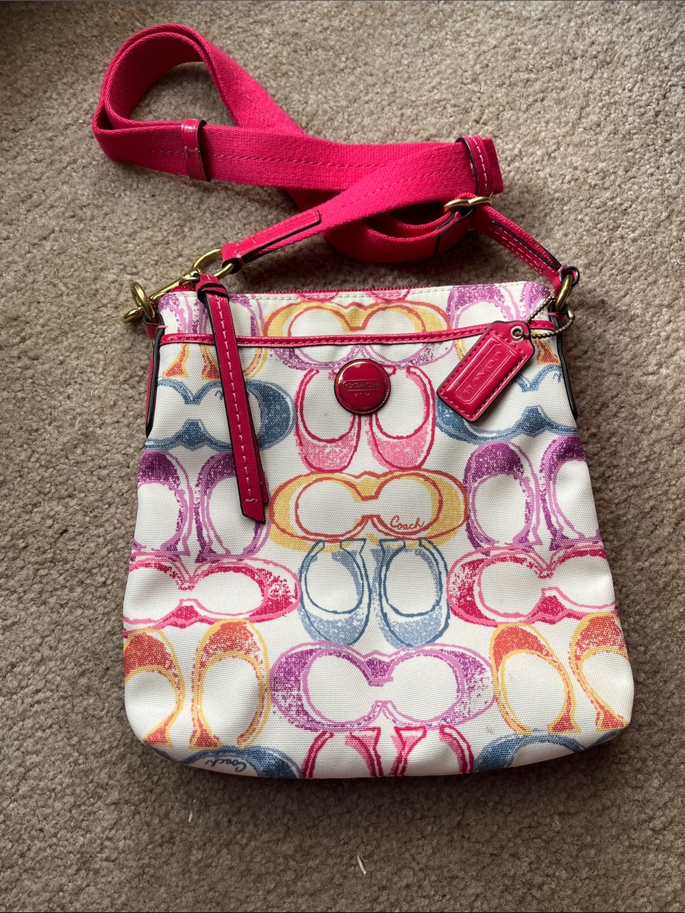 Coach Pink Strap Crossbody with Multi-Color Signature Print Vintage